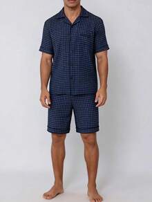 Snug League 2pcs/Set Men's Plaid Allover Print Short Sleeve Shirt And Shorts Pajama Set - Navy Blue - View 3