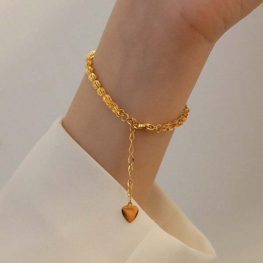 1pc Minimalist Single-Layer Feather Chain Bracelet, Heart Jewelry Accessory For Women - Gold - View 1