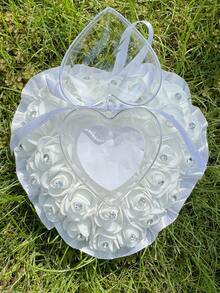 白色心形水钻结婚戒指枕，戒枕，水晶玫瑰蕾丝靠垫，适用于婚礼、周年纪念、情人节仪式 - 彩色 - 查看 12