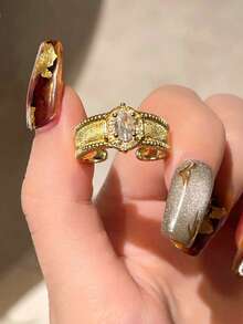 rundraw 1/4枚奢华镂空四叶草几何旭日纹理立方氧化锆可调节铜金戒指，女士款，适合派对、节日、送给朋友和爱人的礼物 - 金色 - 查看 6