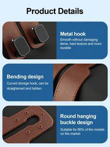 Durable Car Seat Back Hook, Rubber Leather & Zinc Alloy Double Hook, Hidden Mount Organizer For Bags Coats, Phone Holder Function