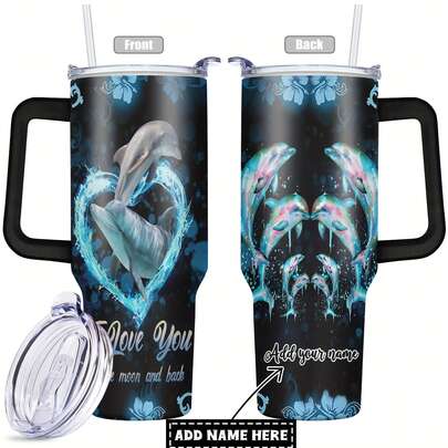 1pc, Custom Your Name 40 Oz Stainless Steel Tumbler, Dolphin Funny Print Double Wall Vacuum Insulated Travel Mug, Perfect Gift For Family And Friends Christmas Gifts, Thanksgiving Gifts, Birthday Gifts
