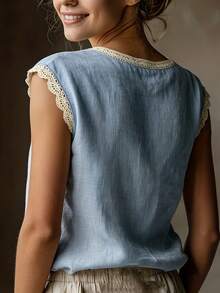 Retro-Style Linen Sleeveless Top For Women, Lace Trim, Round Neck, Loose Fit, Slimming, Breathable Linen Blend T-Shirt For Summer. - 藍色 - 查看 4