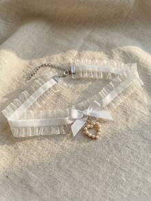 1 chiếc vòng cổ choker ren dễ thương, ngọt ngào với mặt dây chuyền hình chuông và nơ vàng, món quà thanh lịch dành cho phụ nữ. - trắng - Xem 2