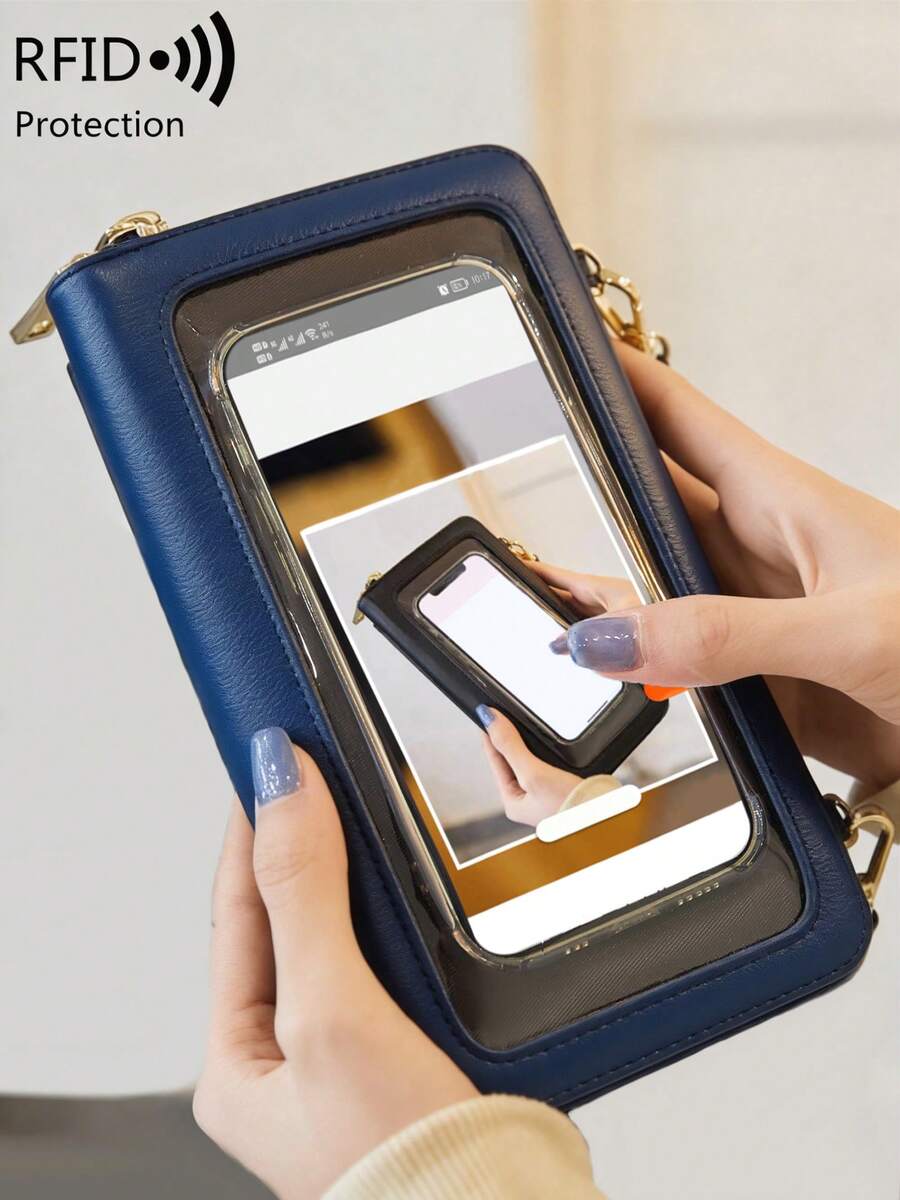 MIYIN Ví đựng điện thoại nữ tối giản chống trộm RFID có dây đeo cổ tay và dây đeo vai điều chỉnh được, ví điện thoại nắp gập màu trơn, ví da giả đa năng thời trang có khóa kéo và khe đựng thẻ, thích hợp làm quà tặng sinh nhật, ngày Valentine và các dịp khác, quà tặng cho nữ, phụ nữ công sở (màu xanh hoàng gia), túi đựng điện thoại chống trộm, ví nữ.