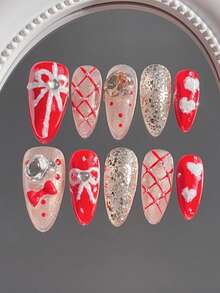 10片中长杏仁形美甲贴纸，手绘白色石膏3D蝴蝶结，可爱红色美甲贴花，手绘白色石膏心形美甲贴纸，手绘钻石图案带小钢珠，可爱杏仁形按压式美甲贴纸，适合新年、情人节、婚礼、约会等场合。 - 紅色 - 查看 2