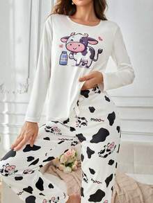 2pcs Women Cow Print Casual Comfortable Long Sleeve Pajama Set - Multicolor - View 5