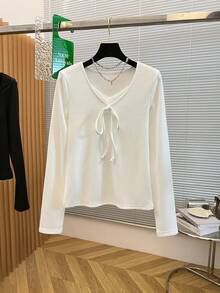 春季新款温柔蕾丝拼接蝴蝶结长袖女式衬衫，修身显瘦 - 白色 - 查看 2