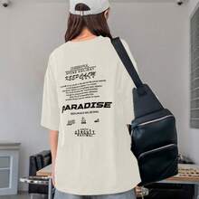 Women's Oversized Printed T-Shirt - Cheerful Paradise Phrase - Loose, Casual, Stylish, Modern, And Cool Blouse - 乳霜 - 查看 15