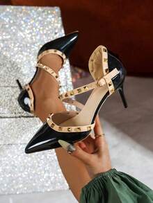 2026 Spring/Summer New Studded Pointed Toe High Heel Sandals Women, Closed Toe Thin Heels - Black - View 12