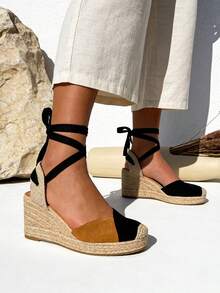 Sandalias alpargats con cuña altas y cordones para mujer,Zapatos de esparto para mujer primavera verano con diseño de cuña atada y combinaciones de colores ideales para trabajo oficina vacaciones y citas - Negro - Ver 2