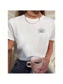 Camiseta Feminina Babylook T Shirt 100% Algodão Blusa Flor De Lotus Energia Meditação - Branco - Visão 3