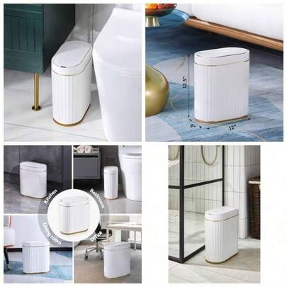 Bathroom Bin With Lid - Waterproof Automatic Trash Can, 2 Gallon Wastebasket, 9L Narrow Motion Sensor Garbage Bin Bedroom, Bathroom, Kitchen, Office, White With Gold Trim