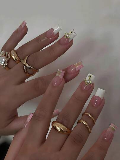 24 Pieces Of European And American Back To School Light Luxury Wearing Nail, White French Rhinestone Design Decoration Nail Patch, Fully Covered Fake Nails, Back To School Art Patch Nail Art Supplies, Versatile Daily Wearing Nail Set, Suitable For Office Women, Parties, Dates, And Daily Wear Decoration Of Your Nails, Enhancing Your Fashionable Taste Of Nails