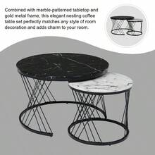 2-Piece Nesting Coffee Tables, Round Marble Pattern Top With Gold Frame, Space Saving Side Table Set For Living Room & Bedroom, White & Black - White+Black - View 8