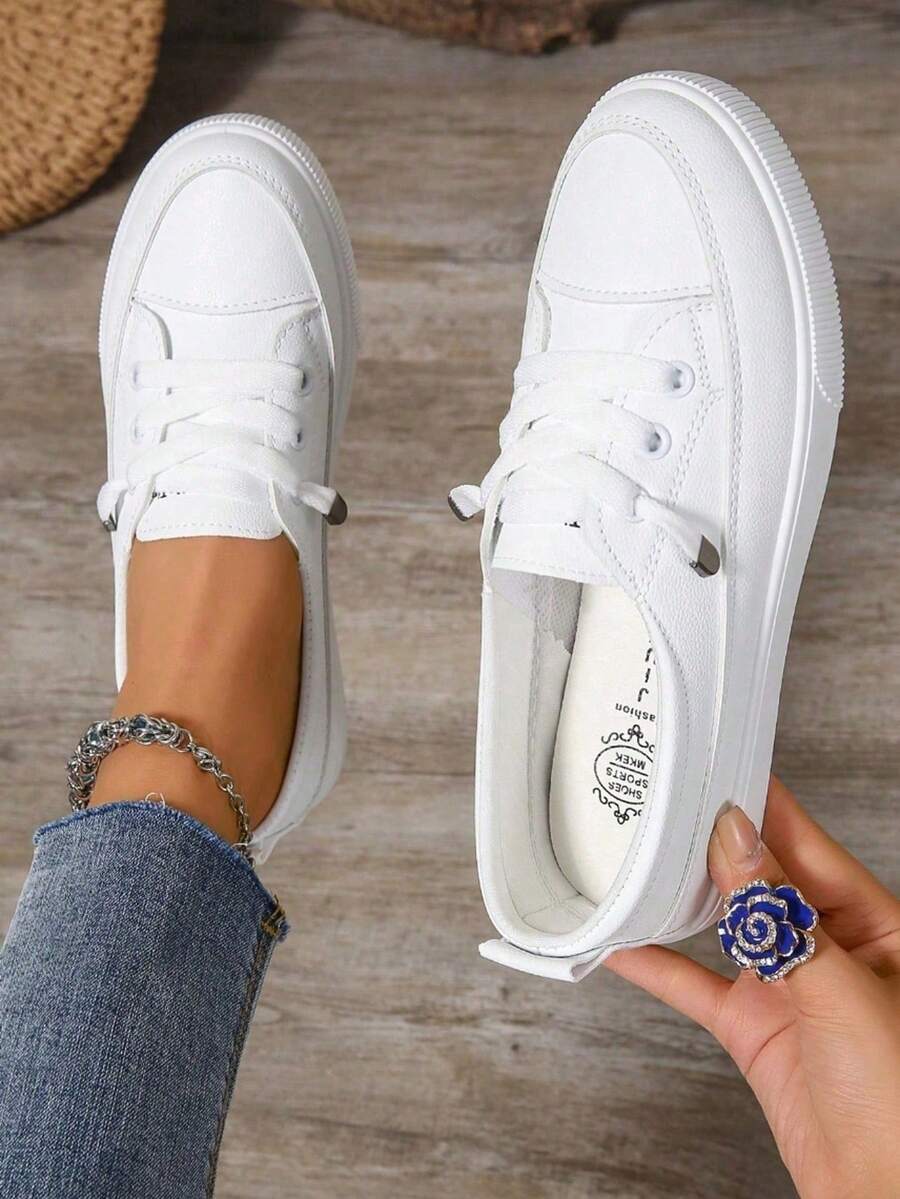Women's Classic Versatile Round-Toe On Casual Lace-Up Soft-Soled Comfortable Flat Outdoor Sports Casual Shoes. The Upper Is Simple With Smooth Lines, And The Overall Look Is Clean And Neat. Suitable For Spring, Summer And Autumn, Perfect For Daily Outings, Campus Life, Vacations And Street Fashion Matching. - 白色 - 查看 1