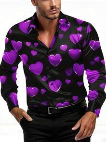 Men's Black & Purple Romantic Heart Print Long Sleeve Shirt, Suitable For Dates, Valentine's Day, Holiday Parties, Etc. - Purple - View 8