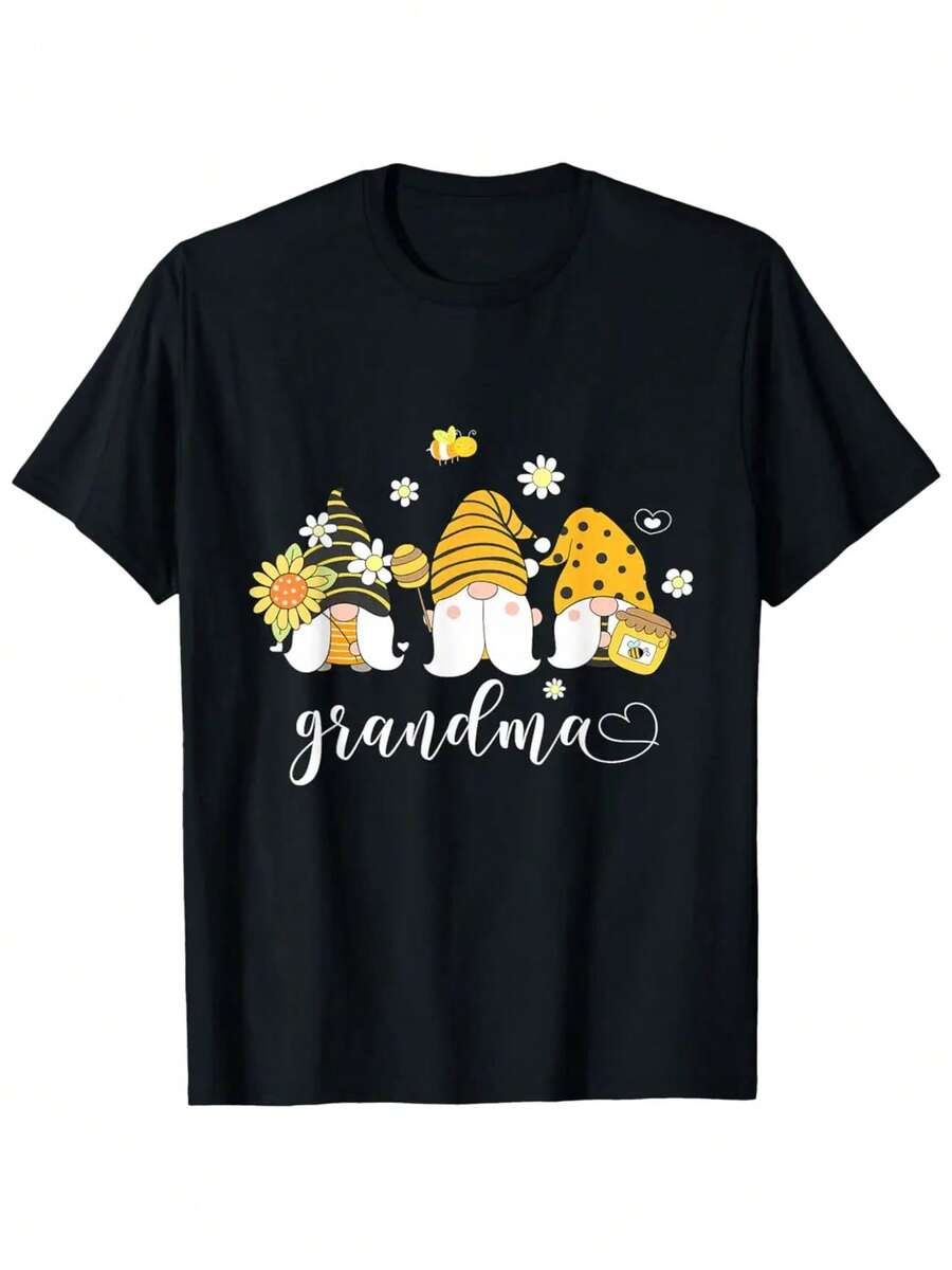 Cute Grandma Women Cute Gnomes With Bees Sunflower Country T Shirt - màu đen - Xem 1
