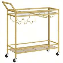 [Golden Bar Cart] Golden 2-Tier Bar Cart With Wine Rack And Glass Holder | Kitchen Serving Cart With Wheels And Guard Rails For Dining Room, Living Room, Party, Home - Golden Color - View 4