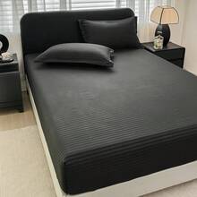1件纯色亲肤条纹图案床笠，简约磨毛压纹工艺，360度防滑包边，亲肤面料，触感舒适，适用于卧室、客房、宿舍，适合所有年龄段和季节，防滑固定床单套装，可拆卸可水洗，享受放松裸睡，带来轻柔的肌肤触感 - 黑色 - 查看 9
