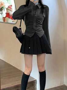 Women's Long Sleeve Ruched Design Casual Cardigan Top - Dark Grey - View 1