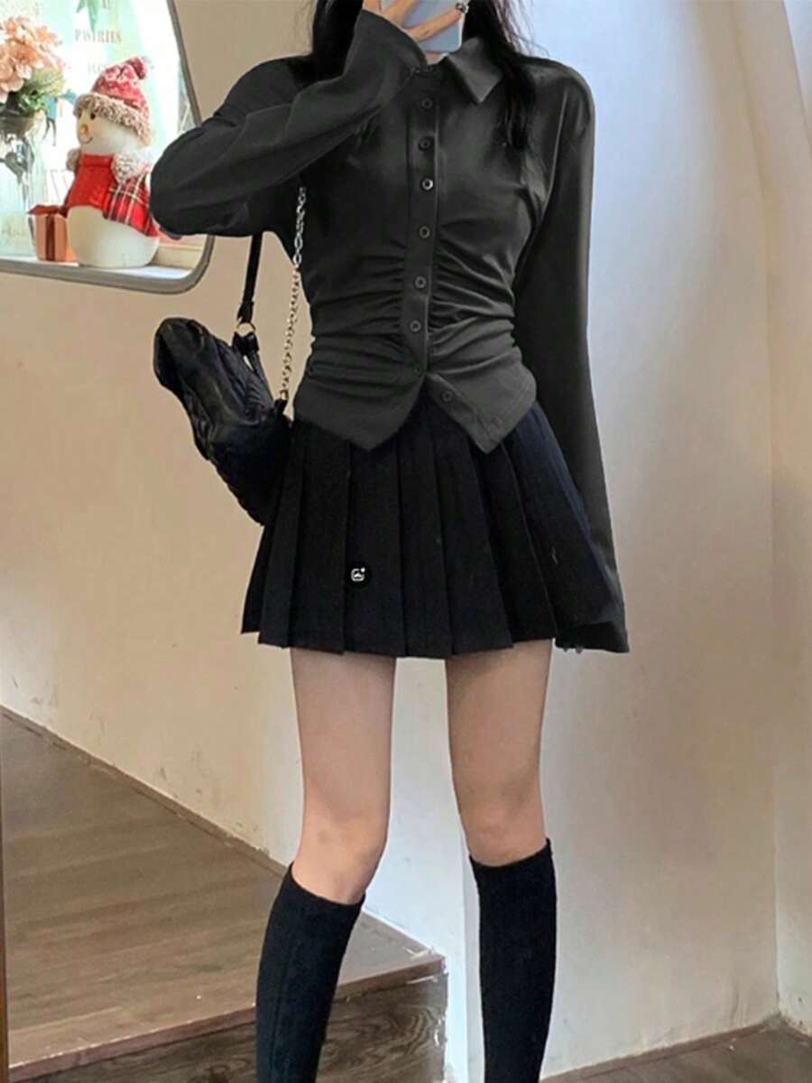 Women's Long Sleeve Ruched Design Casual Cardigan Top - Dark Grey - View 1