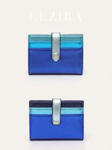 CEZIRA 时尚金属色块PU纯素皮革信用卡夹 女士彩色对折短钱包 多卡位 功能性钱包 小巧便携 日常使用 完美的母亲节礼物 女士零钱包 迷你钱包 钱包 小钱包 可爱钱包 卡包 - 藏蓝色 - 查看 3