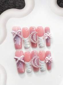 10件套芭蕾舞少女风格凝胶美甲套装，包含亚克力假指甲、粉色蝴蝶结、镂空月亮美甲装饰、3D不规则镂空五角星设计、纯色波浪图案、雨滴美甲装饰 - 彩色 - 查看 11