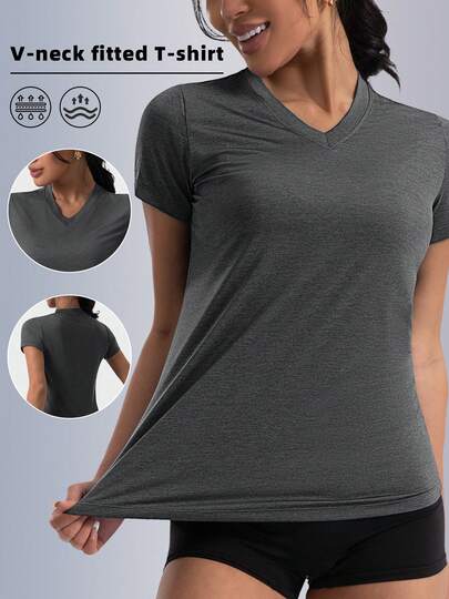 Women's V-Neck Elastic Sports T-Shirt, Slim Fit Breathable Casual Fitness Short Sleeve Top