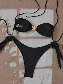 Sexy Halter Neck Women's Bikini Swimsuit, With Criss-Cross Back Straps, Side Tie Bottom, And Knotted Details - Black - View 7