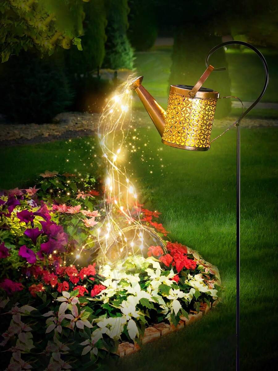 2pcs/1pc Solar Powered Garden Watering Can With String Lights, Vintage Metal Watering Can Design, Large Hanging Solar Waterfall Lights, Waterproof Decorative Lights, Suitable For Outdoor Garden Decor, Perfect For Pathways, Lawns, Yards And Patios. - Multicolor - View 1