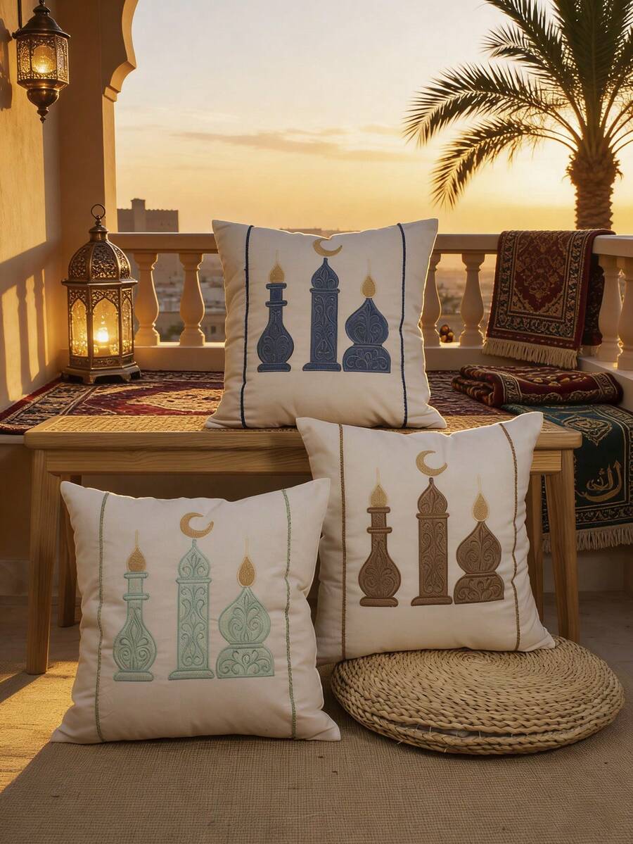 1pc/3pcs Set Castle Embroidered Throw Pillow Cover, Middle Eastern Holiday Decor Cushion Cover, Boho Embroidery Craft, Living Room Bedroom Sofa Decorative Pillow Case, Fits Eid Gift, Daily Casual Patio Headboard Sham, All Season, No Insert, 45*45cm - Multicolor - View 1