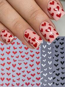 3片心形黑白红美甲贴纸，简约心形图案，自粘式美甲装饰，情人节美甲配件，美甲用品 - 彩色 - 查看 1