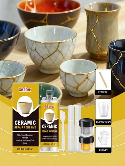jakehoe Ceramic Repair Kit - Gold Glue For Deep Bonding, Restores Cracked Ceramics & Glass. Designed To Transform Damaged Ceramics & Glass Into Art. Waterproof, Corrosion-Resistant, Fast-Curing, Comprehensive Protection, Long-Lasting Repair. Great Gift For Valentine's Day, Ramadan