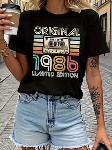 1986限量版复古磁带图案女士舒适短袖T恤 - 复古几何印花休闲上衣，四季皆宜，可机洗，复古T恤，日常时尚，宽松版型黑色夏季款 - 黑色 - 查看 3