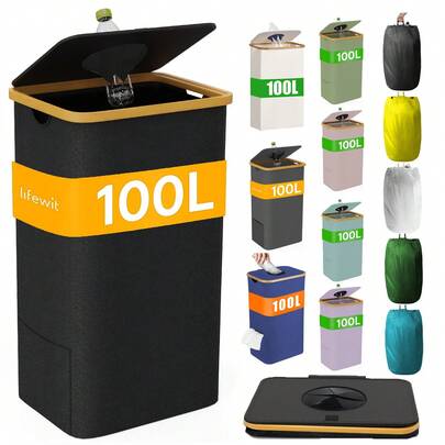 OrdoVault 100L Large Capacity Bamboo Frame Deposit Bottle Recycling Bin, Foldable Beverage Bottle Storage Basket, Suitable For Home, Kitchen, Bathroom, Pantry, Living Room, Bottle & Can Storage, Bathroom/Kitchen/Living Room Accessories, Holiday Gift