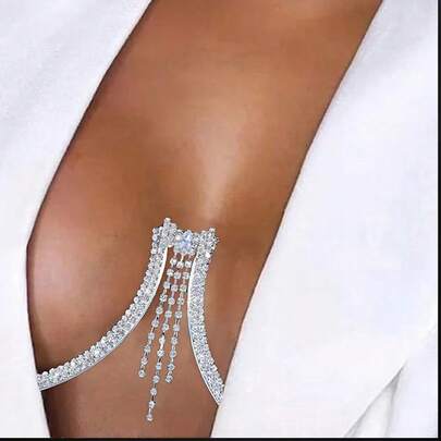 1pc Rhinestone Glitter Tassel Chest Chain, Fashionable Sexy Bikini Chest Harness Body Chain For Women