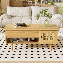 Elegant Coffee Table With Lift-Top And Rattan Doors, Wood Color With Black Accents, Ideal For The Living Room – Practical Storage Space And Functional Design. - 自然色 - 查看 4