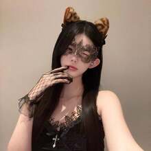 1件豹纹万圣节狐狸耳朵可爱派对涤纶纤维头箍，动物耳朵COS头饰，适合所有季节