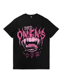 Graphic T-Shirt - Edgy Black Gothic Punk Tee With Bold Pink Flame Lettering & Lips & Bats Design, Loose Fit Short Sleeve Round Neck, Comfortable Shirt For Casual Attire, Concerts & Casual Outfits - màu đen - Xem 1