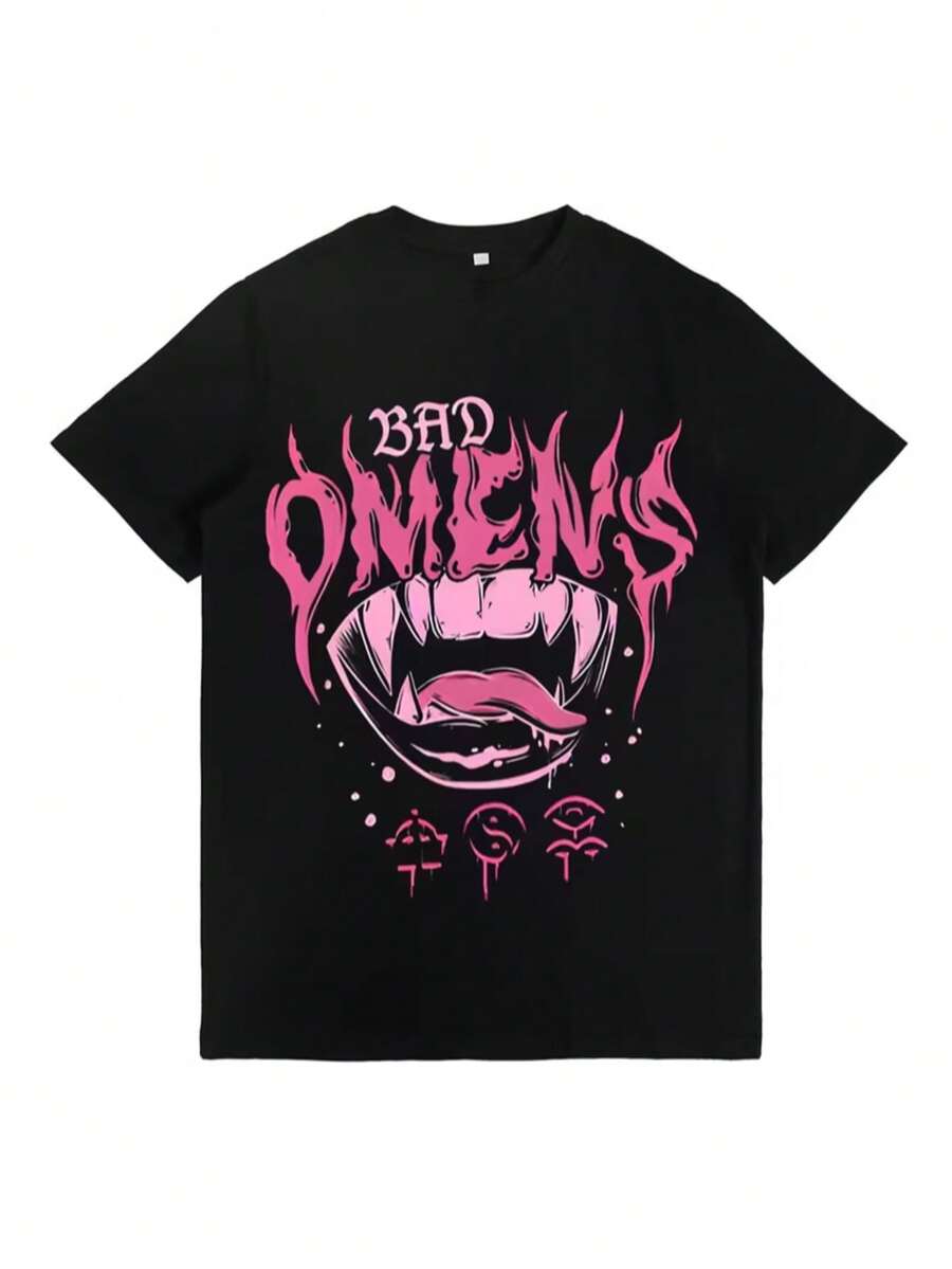 Graphic T-Shirt - Edgy Black Gothic Punk Tee With Bold Pink Flame Lettering & Lips & Bats Design, Loose Fit Short Sleeve Round Neck, Comfortable Shirt For Casual Attire, Concerts & Casual Outfits - màu đen - Xem 1