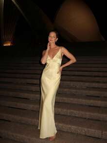 Elegant Sexy Long Bridesmaid Dress, Sleeveless Woven Fabric, Spaghetti Strap Backless Design, Women Formal Dress - Creamy Yellow - View 3