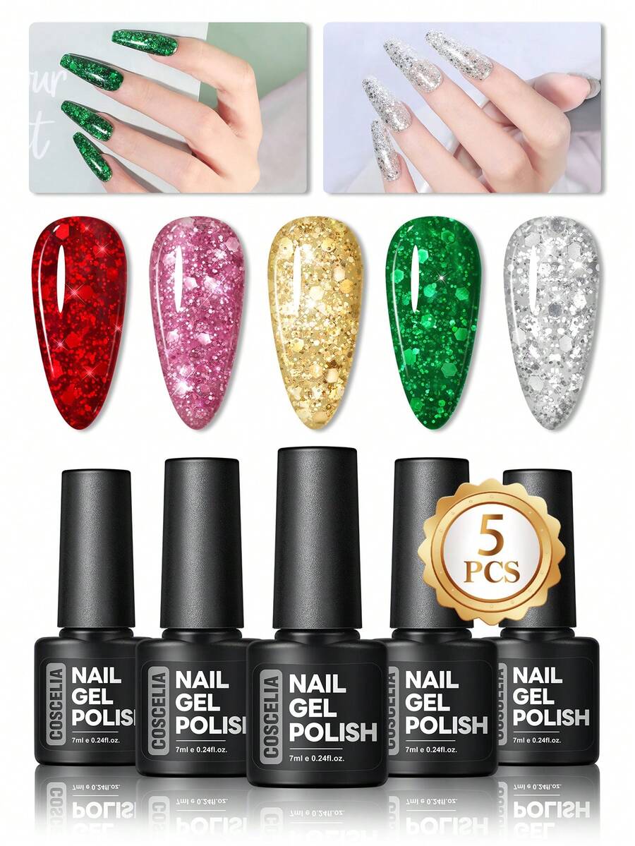 coscelia 5件套凝胶指甲油套装 - 红色、粉色、绿色、金色闪粉可卸凝胶指甲油，女士美甲护理礼品，DIY居家美甲沙龙礼物，理想的美甲艺术礼品