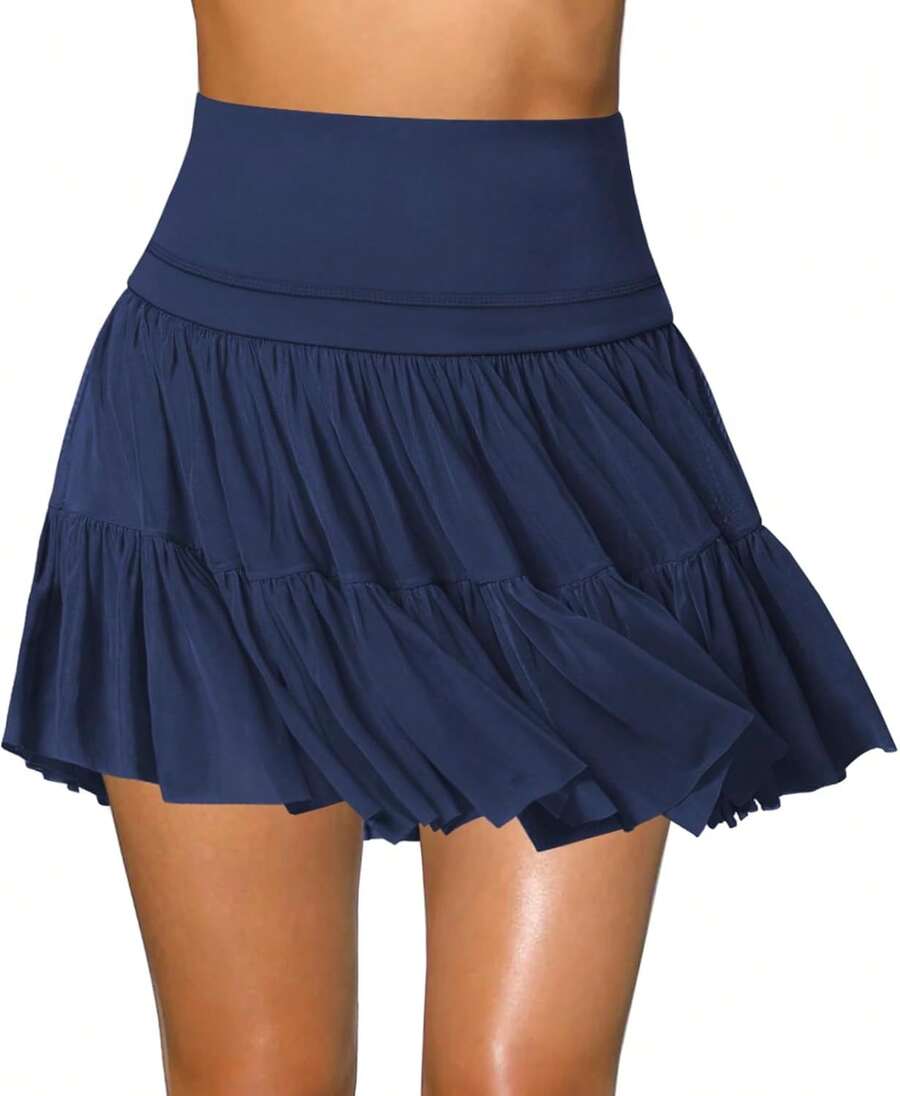 Women's Mini Skirt Skort Flowy Pleated High Waisted Ruffle Tennis Skirts For Women Athletic Skater Golf With Shorts Pockets - 藏蓝色 - 查看 1