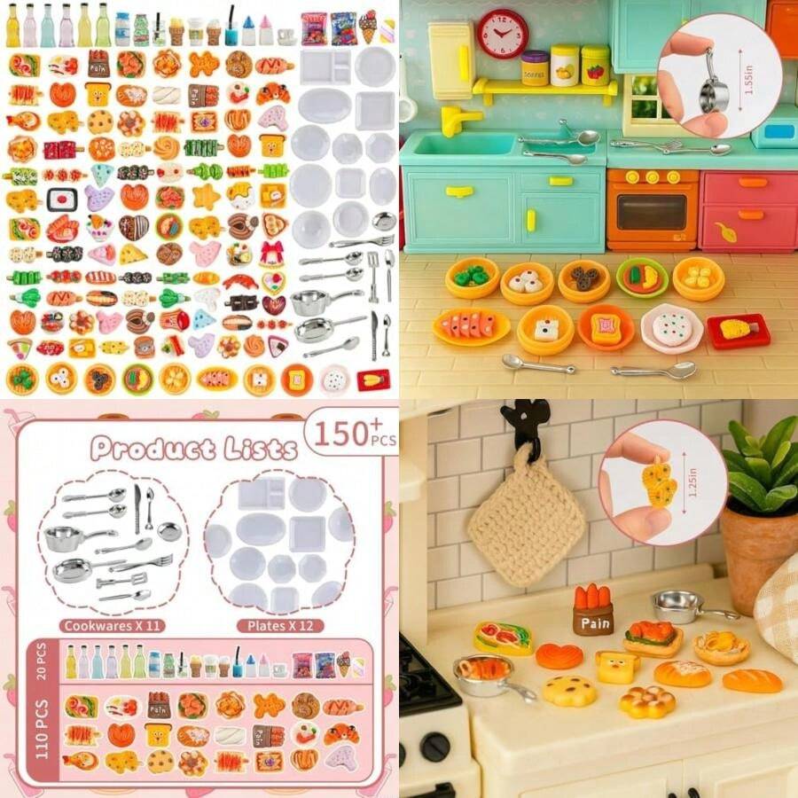 HKLMRO 150Pcs Miniature Food Drink Bottles Adults Dollhouse Soda Pop Cans Pretend Play Kitchen Cooking Game Party Accessories Toys Hamburger Cake Ice Cream Pizza Bread Tableware Doll House Landscape(Default) - Multicolor - View 1