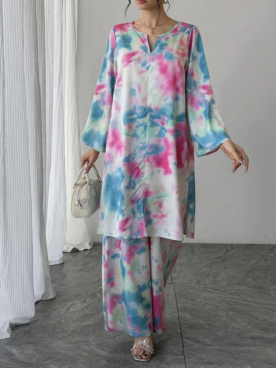 Bộ 2 món: Đầm maxi dài tay cổ chữ V in họa tiết nhuộm tie-dye và quần ống rộng cạp chun in họa tiết nhuộm tie-dye, trang phục trang trọng kiểu Ả Rập thanh lịch cho tiệc tùng, kỳ nghỉ hoặc mặc hàng ngày vào mùa xuân. - Màu Hồng Tươi - Xem 1