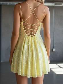Women Sleeveless Spaghetti Strap Dress Shiny Sequin Mini A Line Dress For Cocktail Party Streetwear - Màu vàng - Xem 6