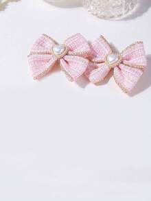 4pcs/2pcs New Heart Pearl Edged Plaid Fabric Bow Hair Accessories, Bow Duckbill Hair Clips, Fabric Bow Ponytail Clips, Fashionable Hair Decorations - Multicolor - View 10