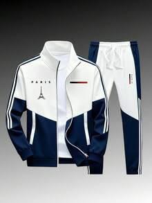 The Universal Parisian Sportswear Set For Both Men And Women - A Casual Sports Jacket And Sports Pants, Suitable For All Seasons For Gym And Casual Wear, With Geometric Pattern Design, Stand-Up Collar, Zipper Jacket, Regular Size Pockets And Zipper For Spring, Summer And Autumn. - màu xanh hải quân - Xem 3
