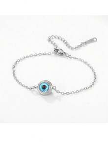 1件装不锈钢防水不褪色时尚简约蓝色邪眼吊坠手链，适合女性日常佩戴